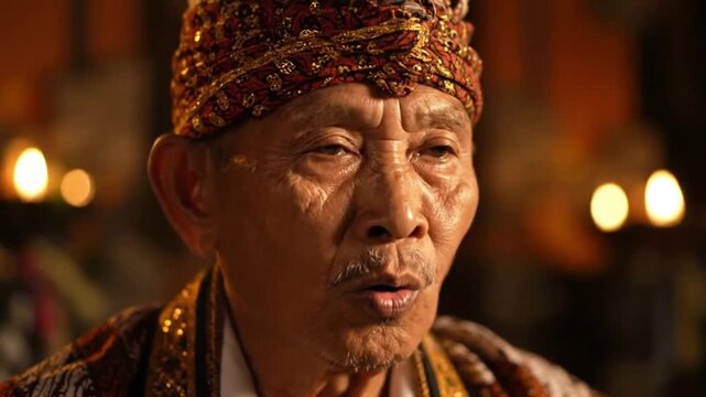 Close-Up Cinematic Shot of Elderly Dalang Chanting Mantras with Deep Focus on Wrinkles and Traditional Attire