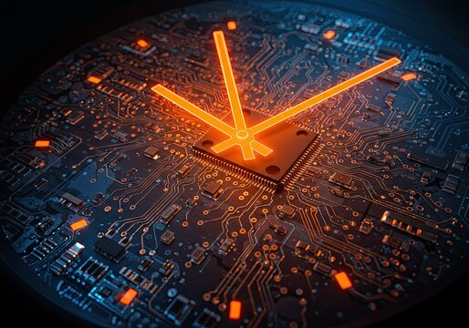 Futuristic glowing clock with circuit board design offering a modern take on time management and technology's impact, perfect for innovation projects