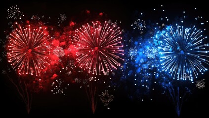Red, white, and blue fireworks explode against a black sky