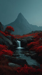 Beautiful of black waterfall and red trees in the jungle , black mountain is background , dark color tone.