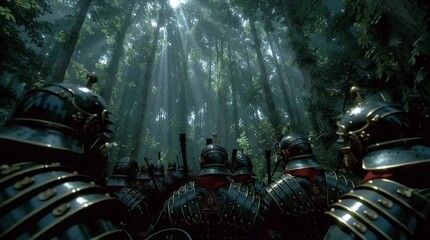 Cinematic shot of Roman legionaries in authentic Lorica Segmentata, marching in testudo formation through a misty Teutoburg Forest. Shafts of sunlight pierce the canopy, creating a tense, historically