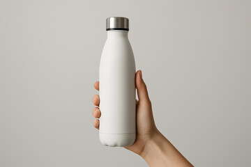 Close-up shot of a hand holding a reusable white water bottle, promoting sustainable hydration on a light grey background