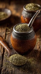 Traditional south american yerba mate tea being prepared with calabash and bombilla