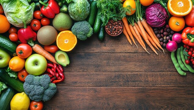 Colorful produce border on a dark wood background