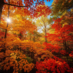 Fototapeta premium Autumn forest canopy with vibrant red, orange, and yellow leaves, sun shining through branches against a blue sky.