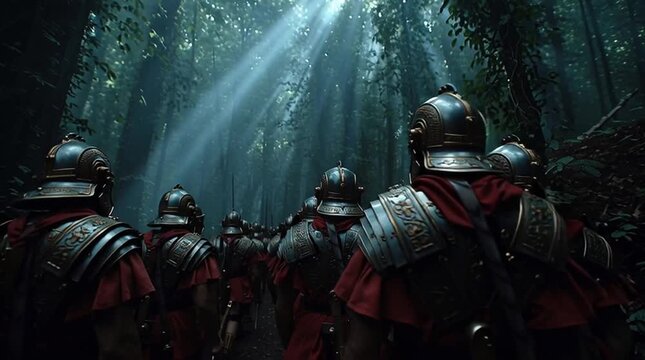 Cinematic shot of Roman legionaries in authentic Lorica Segmentata, marching in testudo formation through a misty Teutoburg Forest. Shafts of sunlight pierce the canopy, creating a tense, historically