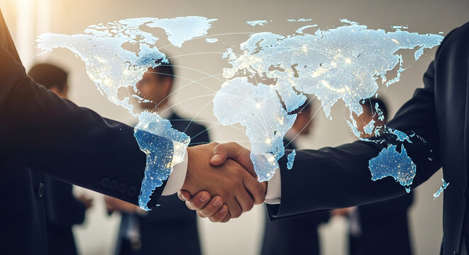 Business people shaking hands with world map overlay, symbolizing international business partnership and global collaboration concept