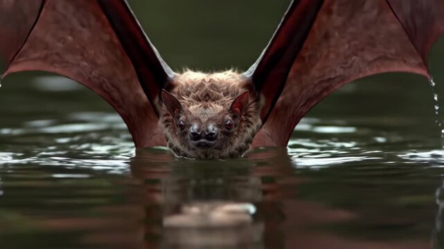 Dramatic bat skimming across the water's surface, wings outstretched in flight, creating ripples and reflections in a stunning natural moment