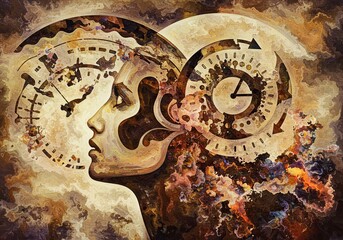 Conceptual art showcases a woman's profile intertwined with clockwork, creating a powerful metaphor for time, identity, and the human condition stunningly