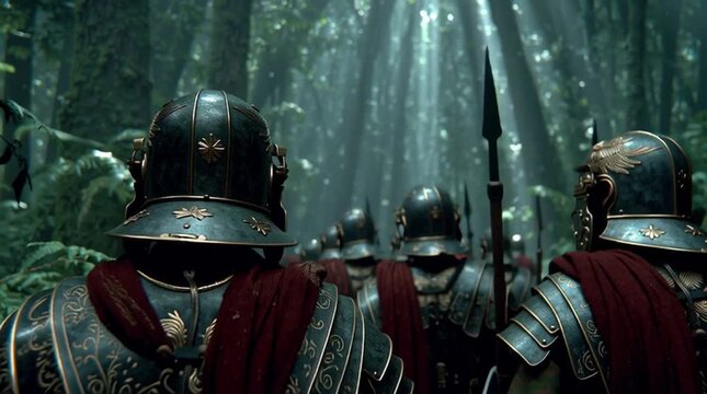 Cinematic shot of Roman legionaries in authentic Lorica Segmentata, marching in testudo formation through a misty Teutoburg Forest. Shafts of sunlight pierce the canopy, creating a tense, historically
