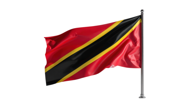 The flag, featuring a striking combination of red, black, and yellow colors, waves gracefully in the breeze against a stark black backdrop, showcasing national symbolism.