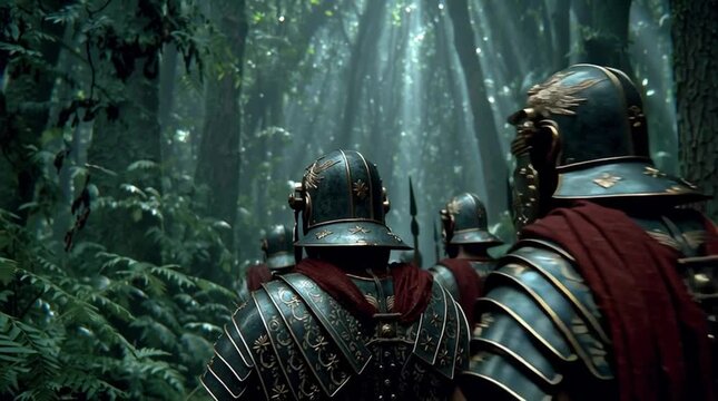 Cinematic shot of Roman legionaries in authentic Lorica Segmentata, marching in testudo formation through a misty Teutoburg Forest. Shafts of sunlight pierce the canopy, creating a tense, historically
