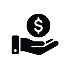 Flat black vector icon of an open hand holding a dollar coin scalable eps illustration silhouette White background