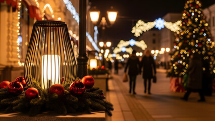 a festive street scene at night.
