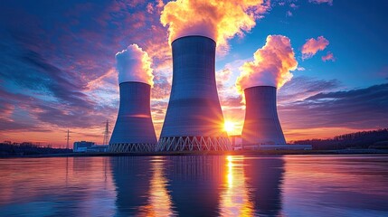 Three large power plant cooling towers emit steam at vibrant sunset, reflected in water