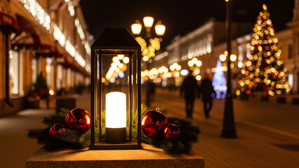 a festive street scene at night.