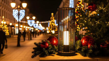 a festive street scene at night.