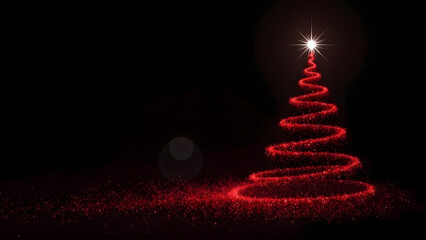 This digital drawing features a stylized Christmas tree composed, sparkling, glitter-like particles against a clear black background.