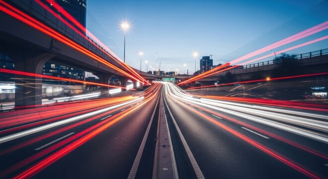 Time-lapse of bustling urban highway traffic at twilight, streaking red/white lights