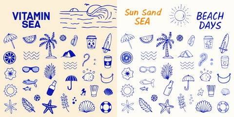 Collection of hand drawn summer beach vacation icons and phrases in blue and orange on a cream background