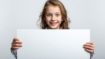 Fototapeta premium 明るく清潔感のあるナチュラルな背景で、満面の笑顔の女の子が、何も描かれていないおしゃれな白いホワイトボードを胸の位置で持っている上半身のクローズアップ写真