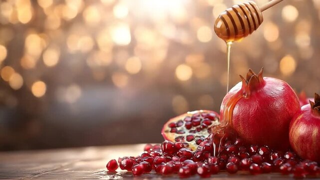 Pomegranate and honey still life with honeycomb dipper on a textured surface