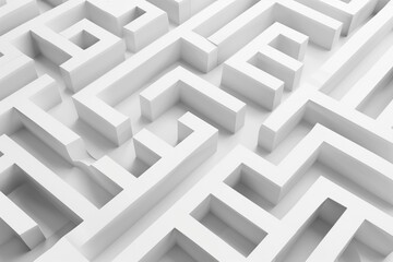 Top view of 3D labyrinth maze, clean white walls, minimal abstract background.