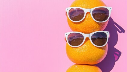 Stacked oranges wear sunglasses; pink background, bright light