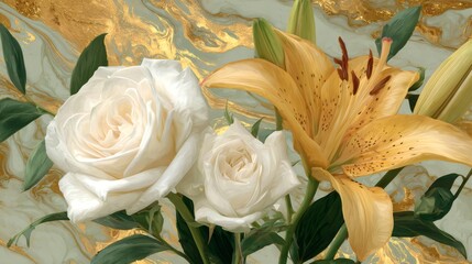 White roses and yellow lily on gold marble