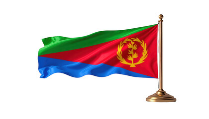 The Eritrean flag gracefully waves, showcasing vibrant colors of green, red, and blue against a stark black backdrop, with a golden stand providing stability and elegant display.
