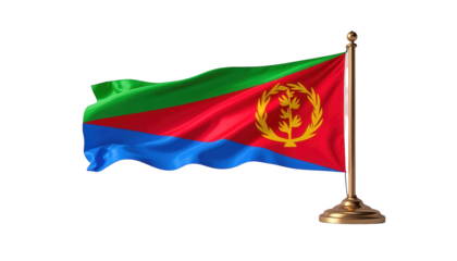 The Eritrean flag gracefully waves, showcasing vibrant colors of green, red, and blue against a stark black backdrop, with a golden stand providing stability and elegant display.