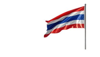 A vibrant flag flutters in the wind against a stark black backdrop, the bold design of the fabric creating a visually striking contrast, featuring red, white, and blue stripes.