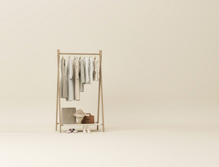Clothes on beige background, shelf on cream background. Collection of clothes hanging on a rack in neutral beige colors. 3d rendering, store and bedroom concept	