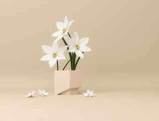 3D podium display pastel background with hydrangeas flower and vintage frame. Peonies flower and nature leaf. Minimal pedestal for beauty, product. Feminine copy space template 3d render	