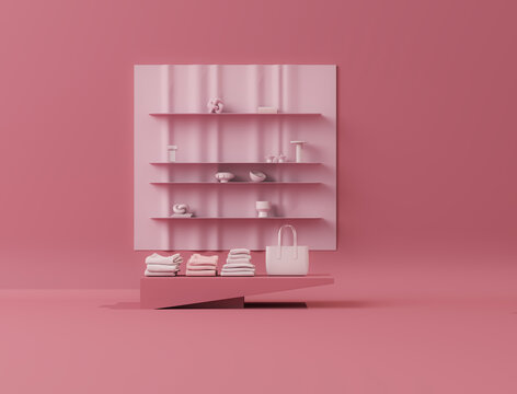 Clothes on pink background, shelf on cream background. Collection of clothes hanging on a rack in neutral beige colors. 3d rendering, store and bedroom concept