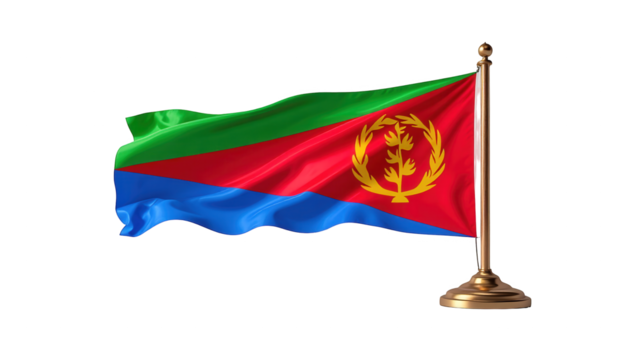 The Eritrean flag gracefully waves, showcasing vibrant colors of green, red, and blue against a stark black backdrop, with a golden stand providing stability and elegant display.