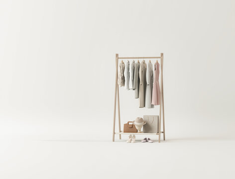 Clothes on beige background, shelf on cream background. Collection of clothes hanging on a rack in neutral beige colors. 3d rendering, store and bedroom concept	