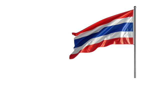 A vibrant flag flutters in the wind against a stark black backdrop, the bold design of the fabric creating a visually striking contrast, featuring red, white, and blue stripes.