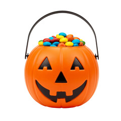 Happy jack-o'-lantern candy bucket filled with colorful candies isolated isolated on transparent background