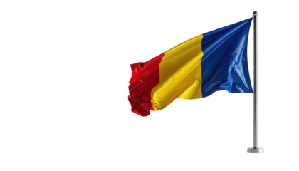 A vibrant flag of three horizontal stripes of red, yellow, and blue, is depicted waving in the wind, mounted on a silver pole against a stark, black background. The flag is rendered in vivid colors.