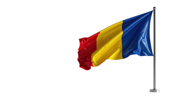 A vibrant flag of three horizontal stripes of red, yellow, and blue, is depicted waving in the wind, mounted on a silver pole against a stark, black background. The flag is rendered in vivid colors.