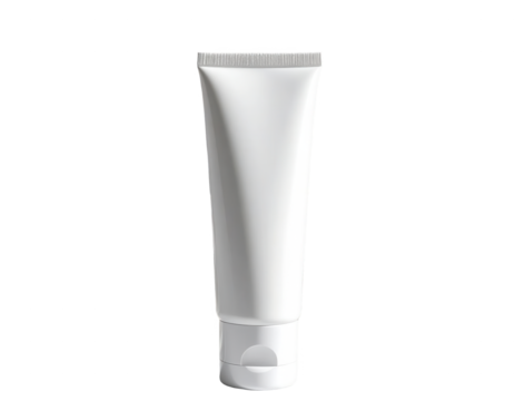 Isolated white cosmetic tube against a black backdrop, portraying a minimalist, clean aesthetic.