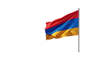 A vibrant national flag, showcasing red, blue, and yellow horizontal stripes, flutters dramatically in the wind against a dark, expansive backdrop.