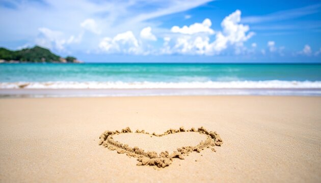 エメラルドグリーンの美しい海と青空を背景に、明るい砂浜に描かれたハートマーク。愛情、健康、肯定、リゾート、ポジティブなメッセージ