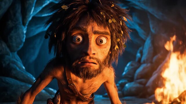 In a vibrant cave filled with blue and orange hues, a curious caveman uncovers fire for the first time, revealing his surprise and wonder as he contemplates its power.