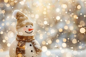 Snowman stands cheerfully in a snowy landscape with sparkling lights during winter season. Place for text