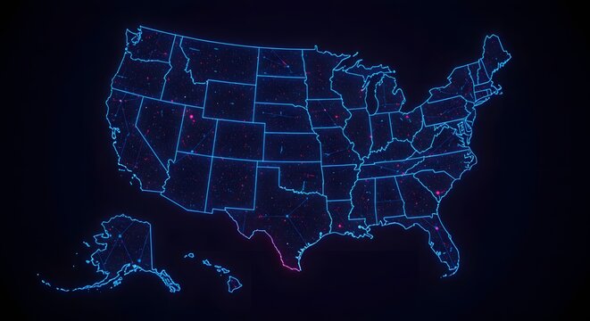 Futuristic digital map of the United States displaying network connections and data hotspots with a glowing blue neon outline