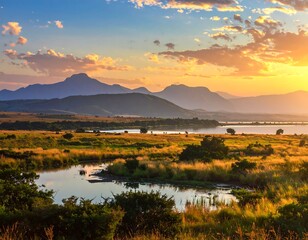 Scenic landscape photograph of mountains, water, and a beautiful sunset view
