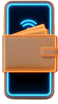  E-Wallet Clipart, Smartphone With Wallet Icon Overlay And Glowing Signal, Simplified But Modern, Soft Shadows, Transparent Background Png. Stock-Ready For Fintech, E-Commerce,