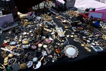 Old vintage things on the street flea market on Place du Jeu de Balle, Marolles district of Brussels, Belgium